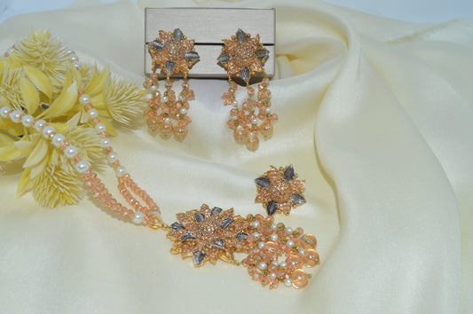 Gold & Silver Dual-Tone Mala Set with Gold Pearls, Earrings & Ring