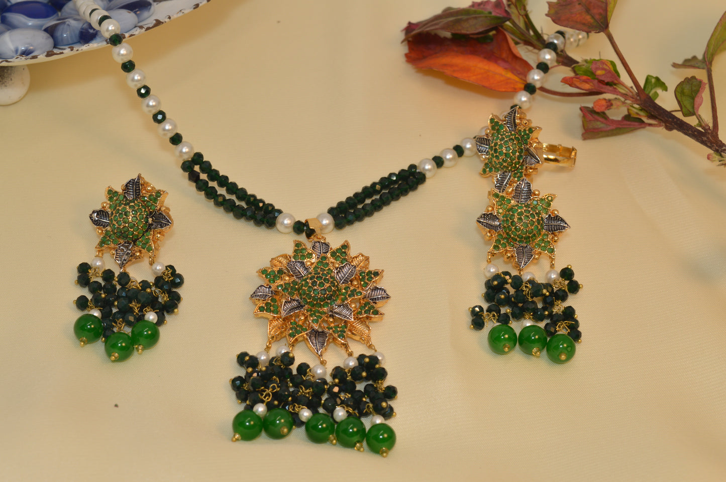 Gold & Silver Dual-Tone Mala Set with Earrings  Ring