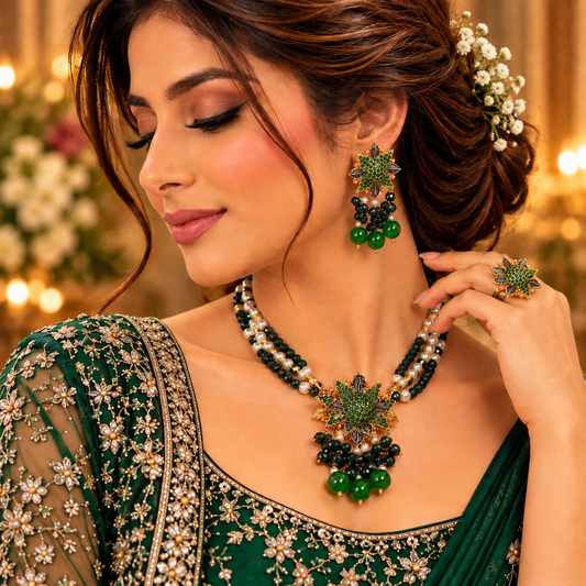 Gold & Silver Dual-Tone Mala Set with Earrings  Ring