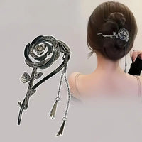 Black Rose Rhinestone Twist Hair Clip with Tassel TL22
