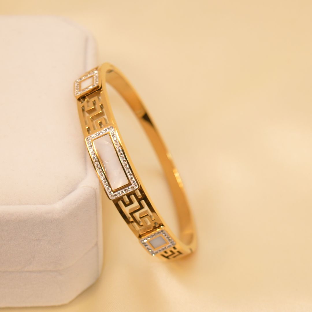Rectangular Shell Inlaid Cuff(Openable) Bracelet Gold Plated Stainless Steel  BR30