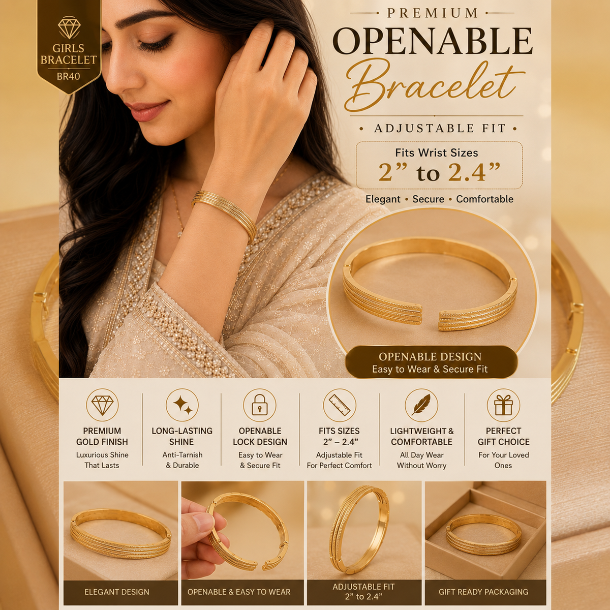 Luxury Openable Gold Leaf Bracelet – Premium Adjustable Design (BR-33)