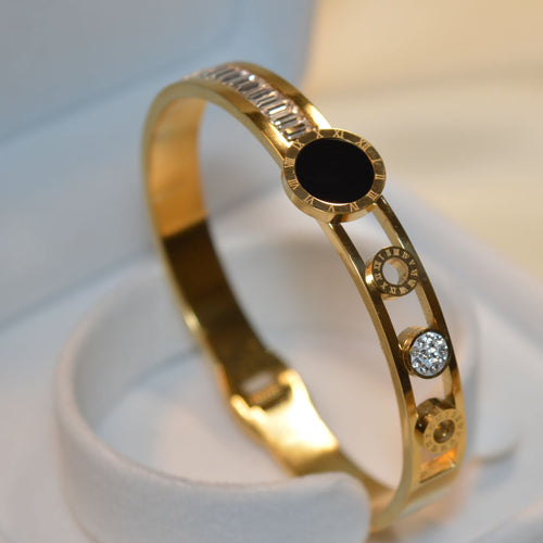 Elegant Stainless Steel Bracelet with Black Stone & Sparkling Zircon (BT-23)