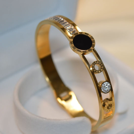 Elegant Stainless Steel Bracelet with Black Stone & Sparkling Zircon (BT-23)