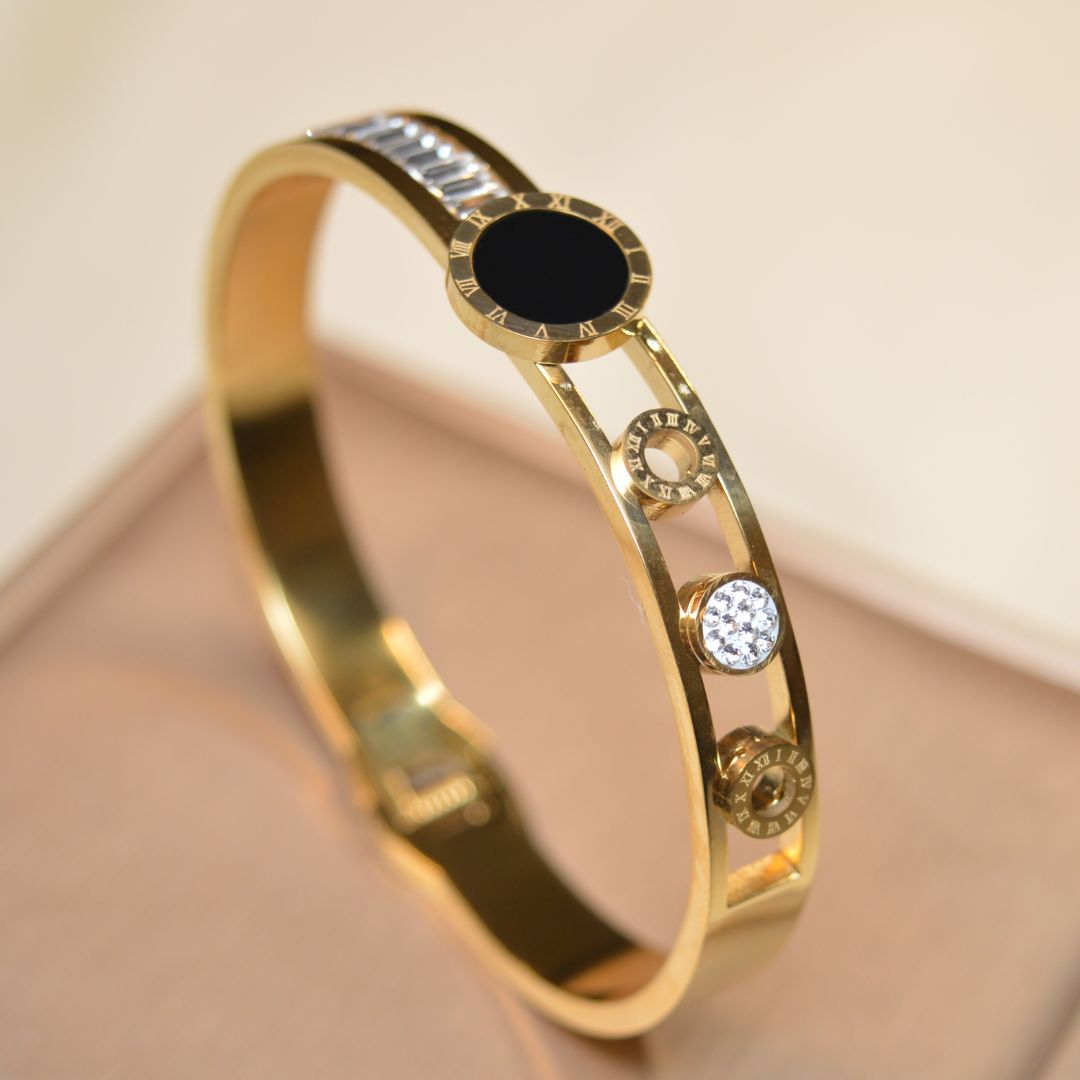 Elegant Stainless Steel Bracelet with Black Stone & Sparkling Zircon (BT-23)