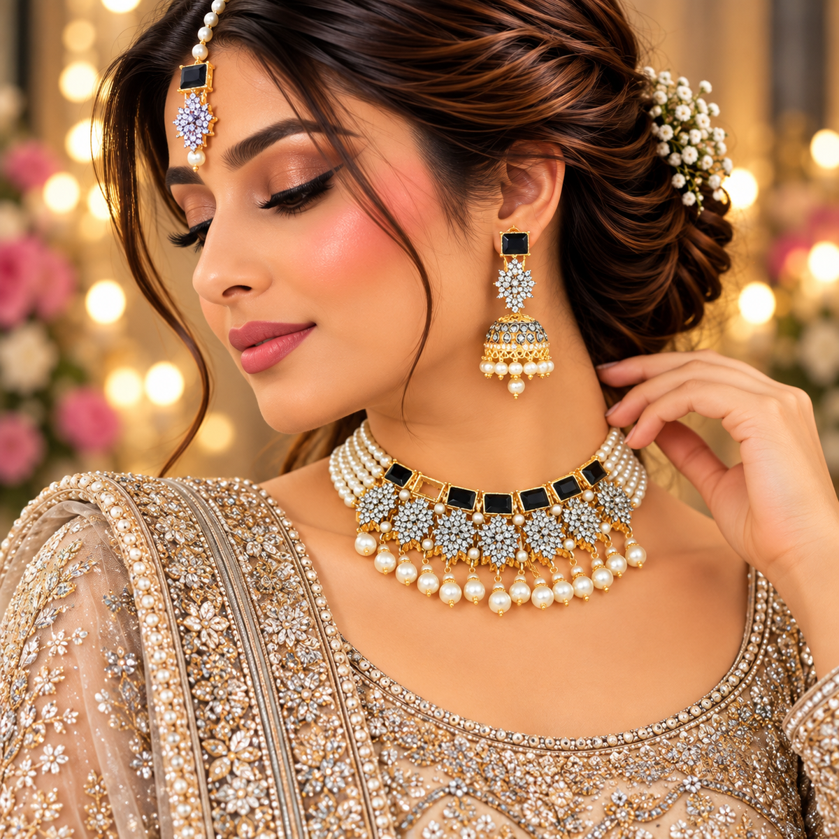 Luxury Gold Bridal Choker Set with Pearl Mala