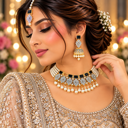Luxury Gold Bridal Choker Set with Pearl Mala