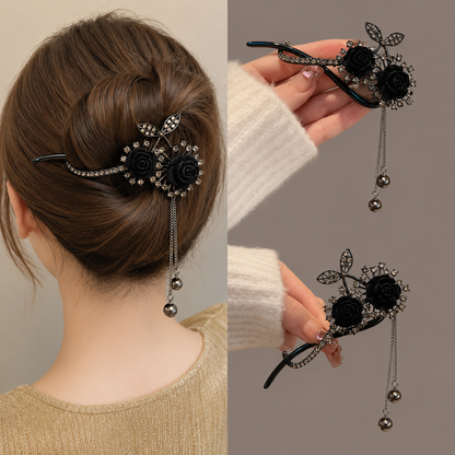 TL-33 Luxury Rose Flower Hair Clip | Pearl Rhinestone Tassel Hair Accessory | Red & Black