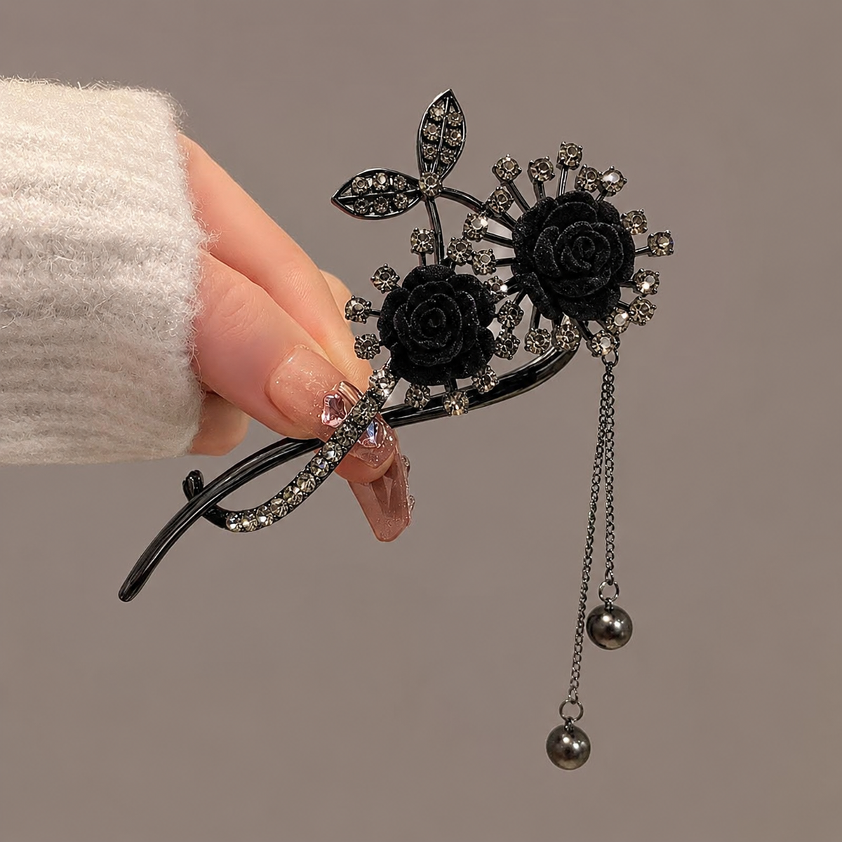 TL-33 Luxury Rose Flower Hair Clip | Pearl Rhinestone Tassel Hair Accessory | Red & Black