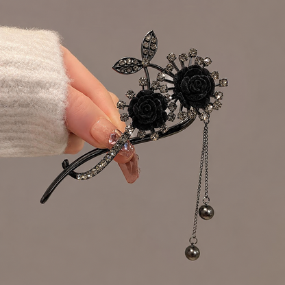 TL-33 Luxury Rose Flower Hair Clip | Pearl Rhinestone Tassel Hair Accessory | Red & Black