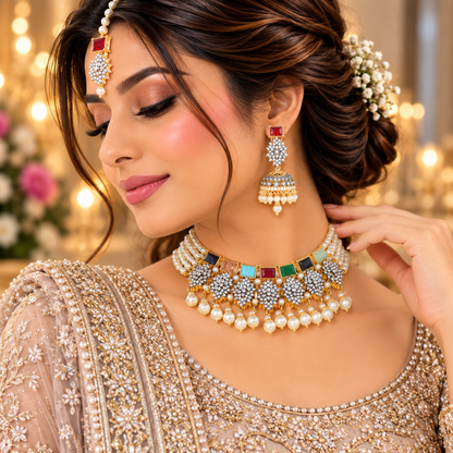 Luxury Gold Bridal Choker Set with Pearl Mala