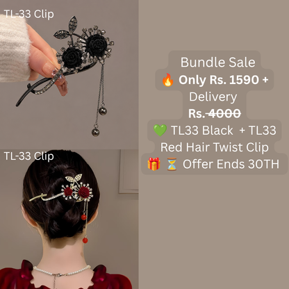 TL-33 Luxury Rose Flower Hair Clip | Pearl Rhinestone Tassel Hair Accessory | Red & Black