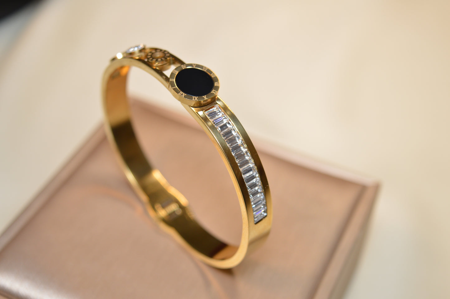 Elegant Stainless Steel Bracelet with Black Stone & Sparkling Zircon