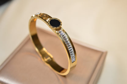 Elegant Stainless Steel Bracelet with Black Stone & Sparkling Zircon (BT-23)