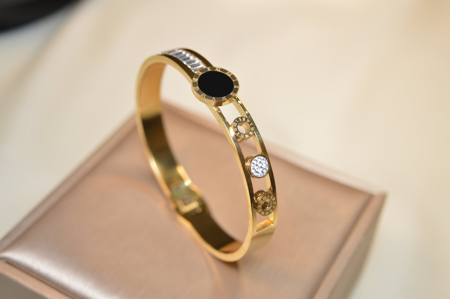 Elegant Stainless Steel Bracelet with Black Stone & Sparkling Zircon