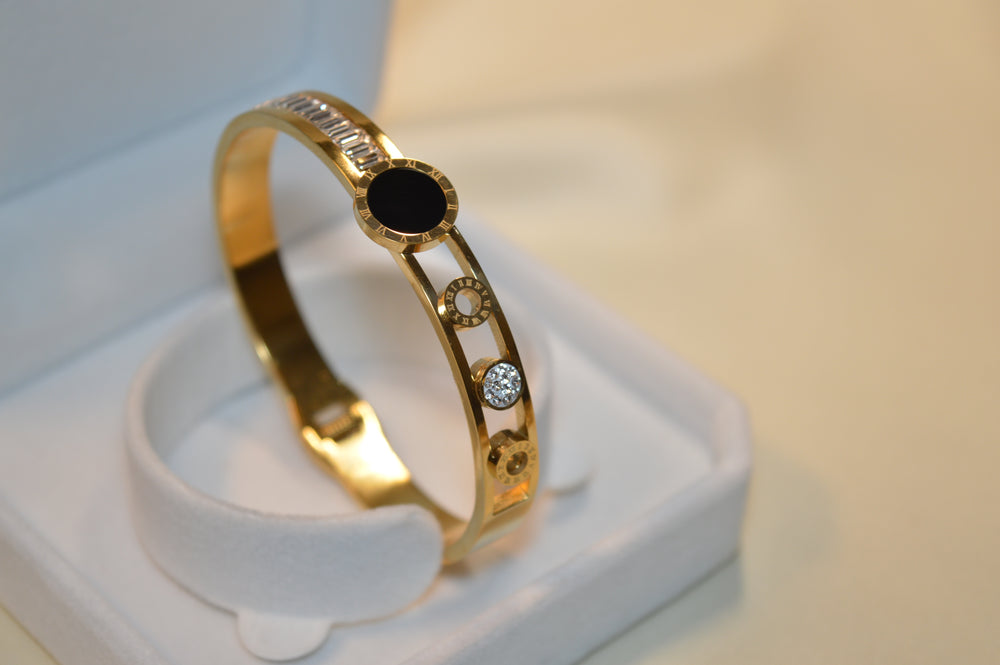 Elegant Stainless Steel Bracelet with Black Stone & Sparkling Zircon