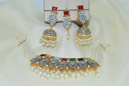 Luxury Gold Bridal Choker Set with Pearl Mala