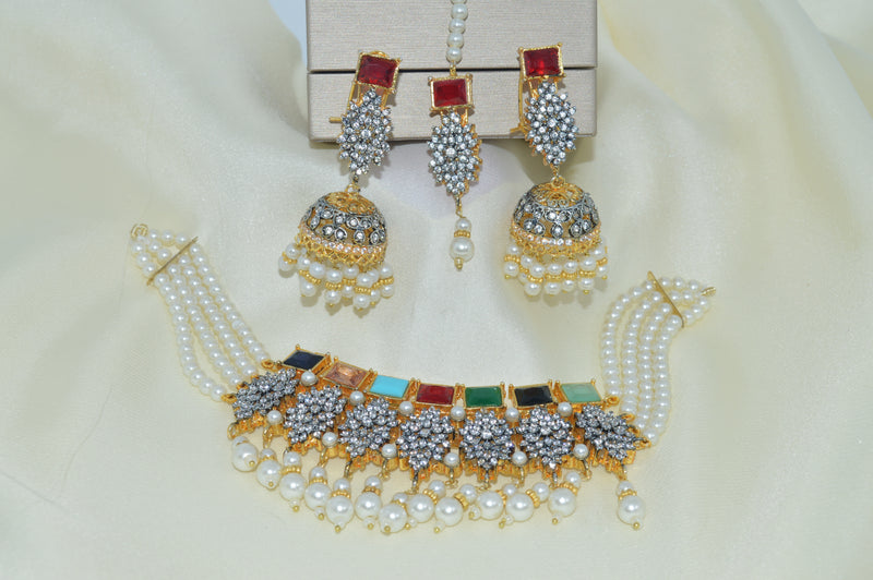 Luxury Gold Bridal Choker Set with Pearl Mala