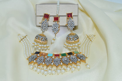 Luxury Gold Bridal Choker Set with Pearl Mala