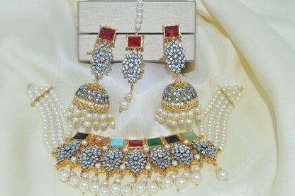 Luxury Gold Bridal Choker Set with Pearl Mala