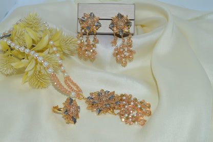 Gold & Silver Dual-Tone Mala Set with Gold Pearls, Earrings & Ring