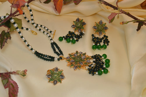 Gold & Silver Dual-Tone Mala Set with Earrings  Ring