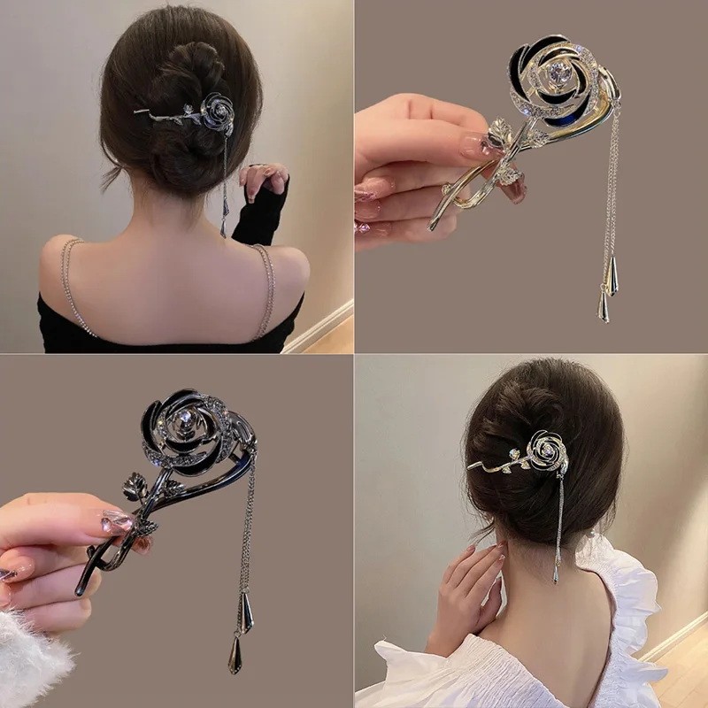 Black Rose Rhinestone Twist Hair Clip with Tassel TL22