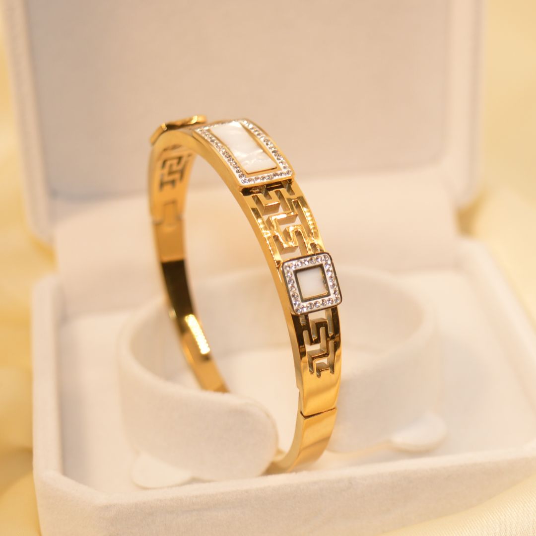 Rectangular Shell Inlaid Cuff(Openable) Bracelet Gold Plated Stainless Steel  BR30