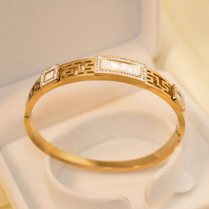 Rectangular Shell Inlaid Cuff(Openable) Bracelet Gold Plated Stainless Steel  BR30