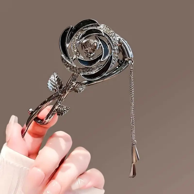 Black Rose Rhinestone Twist Hair Clip with Tassel TL22