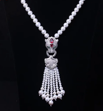 Elegant Panther Head Pendant Necklace, with White Pearls