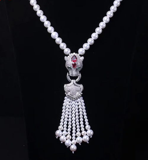 Elegant Panther Head Pendant Necklace, with White Pearls